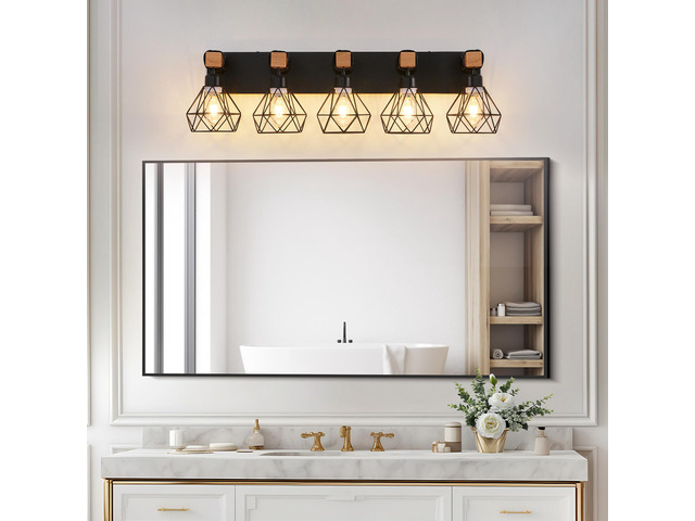 31' Modern Geometric 5-Light Vanity Light Fixture with Black Metal, Wooden Accents and Cage Lampshade for Bathroom, Bedroom, Or Living Room (Bulb...