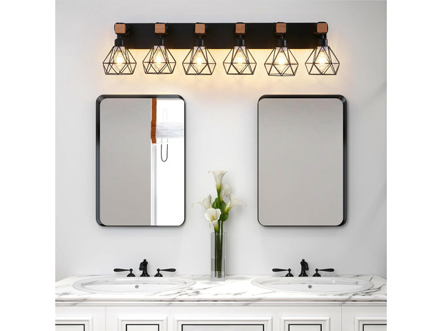 38' Modern Geometric 6-Light Vanity Light Fixture with Black Metal, Wooden Accents and Cage Lampshade for Bathroom, Bedroom, Or Living Room (Bulb...
