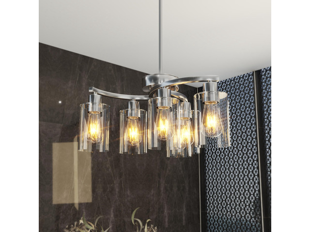 6-Light Brushed Nickel Chandeliers for Dining Room Light Fixtures Over Table, Adjustable Height Hanging industrial Pendant Lighting for Kitchen...