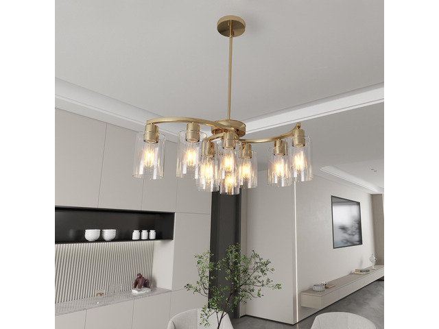 9-Light Gold Glass Chandelier, Adjustable Height Dining Room Light Fixtures Over Table, Contemporary Hanging Chandelier for Kitchen Island Living...