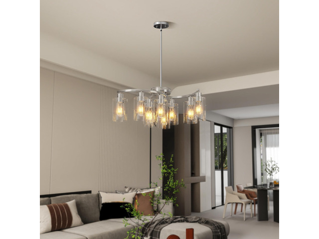9-Light Brushed Nickel Glass Chandelier, Adjustable Height Hanging industrial Dining Room Chandelier Over Table, Modern Farmhouse Chandelier for...