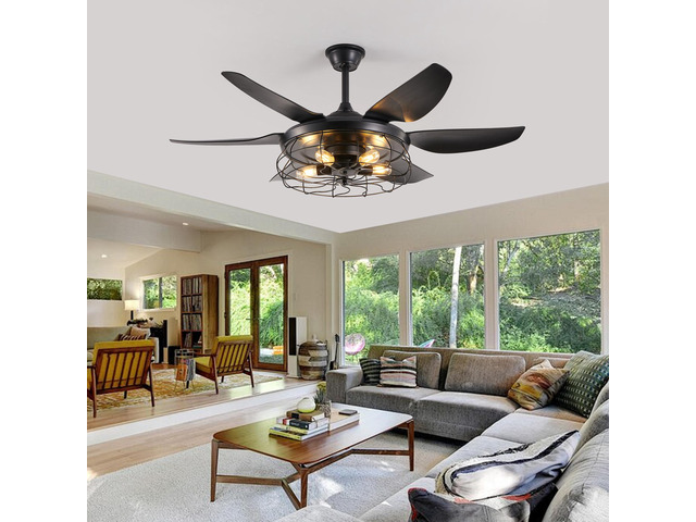 52' Modern Black Ceiling Fan with Light, 6 Fan Blades and industrial Cage Design, Adjustable Speed for Living Room, Bedroom, Dining Room...