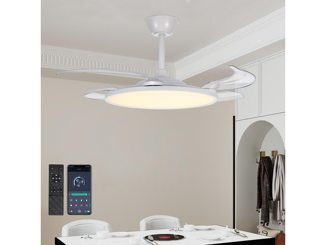 Retractable Ceiling Fans with Lights,42 inch Ceiling Fan with Light and Remote Control,Flush Mount,Dc Reversible,3Cct,Low Noise,White Ceiling Fan...