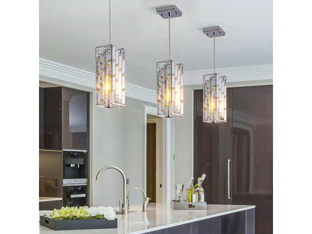 4' Modern Crystal Pendant Light - 3 Pack, Adjustable Hanging Ceiling Lamp with Crystal Prism Design for Dining Room, Kitchen Island, and Living...