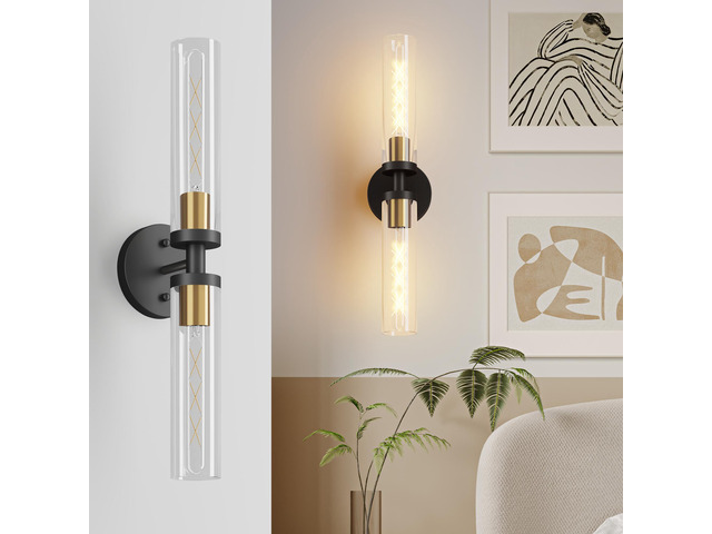 Wall Sconces Set Of Two, Black and Gold Bathroom Sconces Wall Lighting with Clear Glass, Modern Sconces Wall Decor Set Of 2 Wall Light Fixtures for...