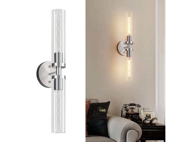 Wall Sconces Set Of Two, Hardwired Brushed Nickel Bathroom Sconces Wall Lighting with Clear Glass, Modern Sconces Wall Decor Set Of 2 Wall Light...