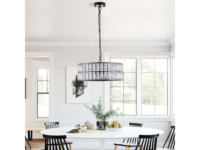 18' Black Modern Crystal Drum Chandelier, 6-Light Pendant Lighting Fixture with Metal Frame for Living Room, Dining Room, and Bedroom (Bulbs Not...