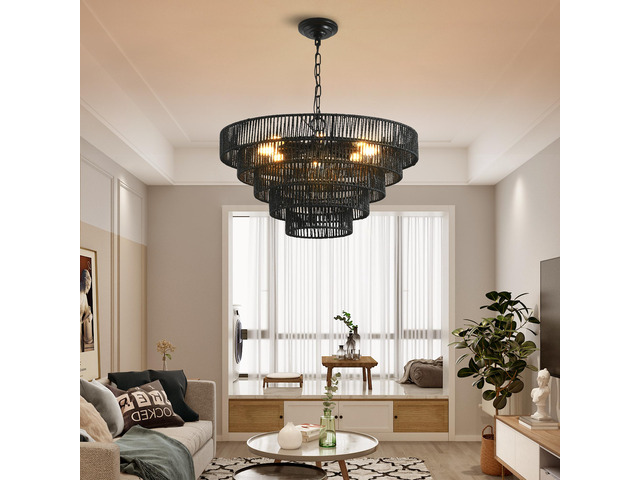 24' Rustic 5-Tier Black Hemp Rope Pendant Light Chandelier with 8 E12 Sockets, Boho Farmhouse Ceiling Fixture for Dining Room, Kitchen, Or Entryway...