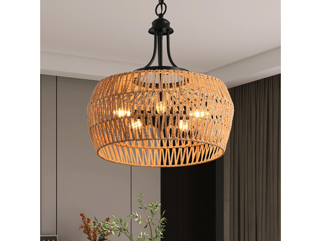 19' Boho Hemp Rope Pendant Light, Hand-Woven Jute Hanging Lamp with Adjustable Chain, Natural Rope Shade Ceiling Light Fixture for Kitchen Island,...