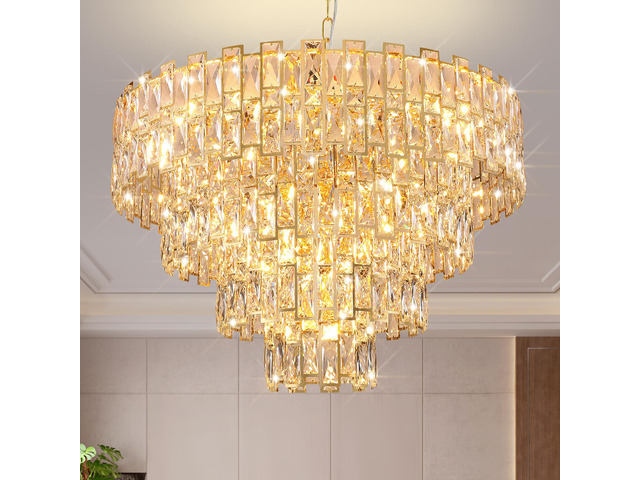 Gold Luxury Crystal Chandelier for Dining Room, 32-inch Modern Ceiling Light, French Empire Style with Premium K9 Crystals, Elegant Gold Finish,...