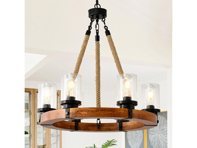 23.62 inch Round Wood Pendant Light with Seeded Glass Shade, Rustic 6-Light Wagon Wheel Chandelier,Farmhouse Chandeliers for Dining Room Kitchen...