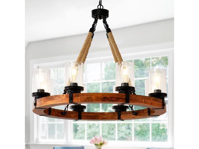 8 Light Rustic Wagon Wheel Chandelier,31'Wooden Pendant Light with Seeded Glass Shade, industrial Chandeliers for Dining Room Kitchen Lsland Foyer...