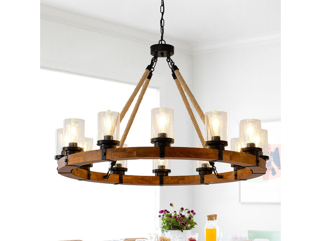 12-Light Rustic Wagon Wheel Chandelier,39'Wooden Pendant Light with Seeded Glass Shade,industrial Chandeliers for Dining Room Kitchen Lsland Foyer...