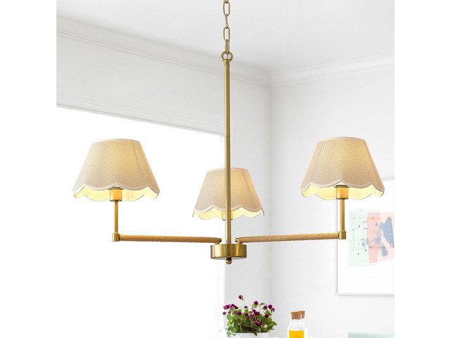 3-Light Contemporary Rope + Fabric Shade Chandelier,Gold Chandelier,Chandelier Romantic Golden,Adjustable Pendant Lights Living Room Dining Room...