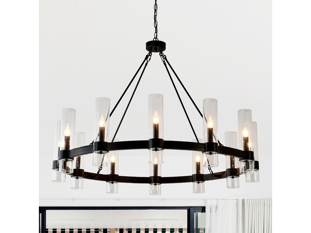 43.3''Matte Black Wagon Wheel Chandelier with 12 Lights (No Bulbs)
