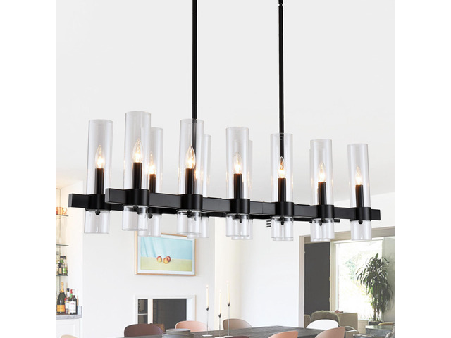 Black Chandelier Linear with Clear Glass Shade, 12-Lights Modern Farmhouse Ceiling Pendant Hanging Light Fixture Over Table, for Dining Room,...