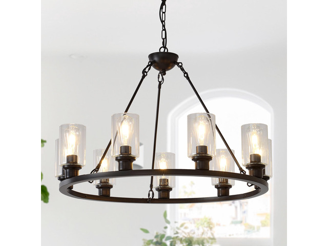 34.25'' Modern 9-Light Black Wagon Wheel Chandelier with Light (No Bulbs) for Living Room Dining Room Kitchen-E26-Coffee Brown