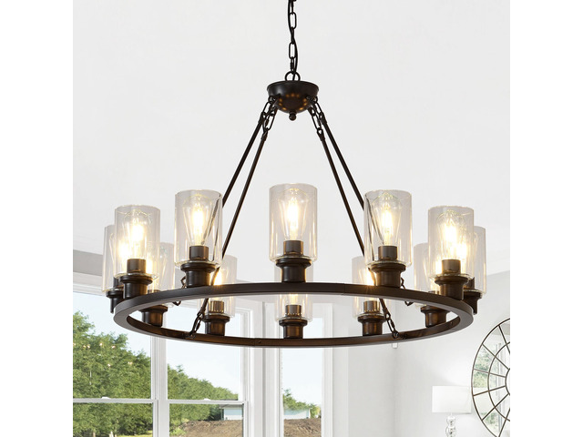 Black Wagon Wheel Chandelier 34.25inch Modern Farmhouse Glass Pendant Light 12-Light Ceiling Hanging Lighting Fixtures for Living Room Dining Room...