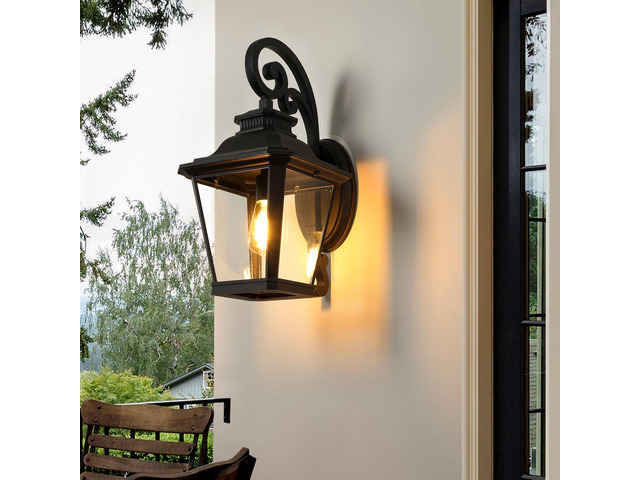 21'(H) 1-Pack Outdoor Wall Lantern Light Vintage Black Metal & Clear Glass Sconce with Decorative Scroll Design for Porch, Patio, and Garden...