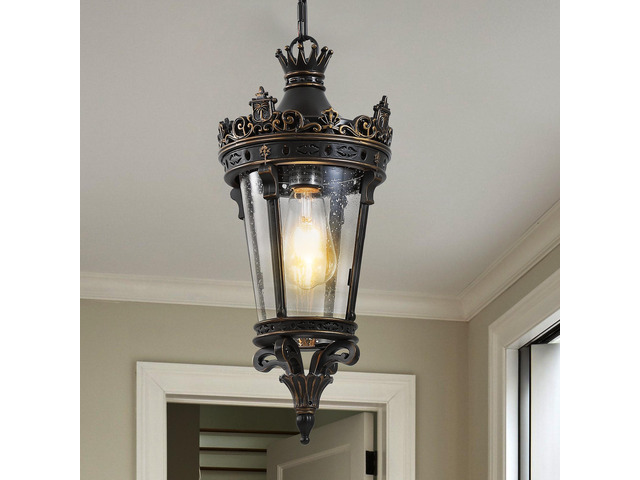 18'(H) Antique Crown Outdoor Hanging Lantern, Waterproof Vintage Pendant Light with Ornate Metal Design and Clear Glass for Patio, Garden, Porch,...