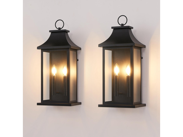 2-Pack Dusk to Dawn Outdoor Wall Lantern 2-Light, 22.2' Large Outside Wall Sconce, Modern Black Wall Light Fixture with Glass, Waterproof Exterior...
