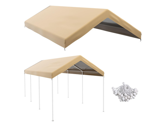 10' x 20' Carport Replacement top Canopy Cover, Waterproof and Uv Protected Garage Car Port Cover with Ball Bungee Cords, Beige (only Cover)