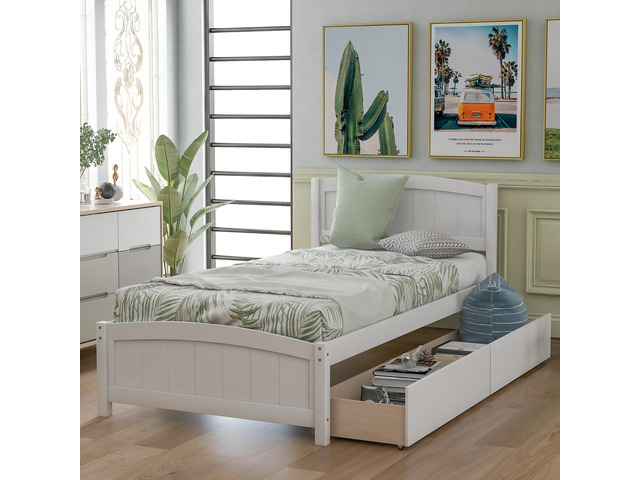 Twin Size Platform Bed With Two Drawers, White