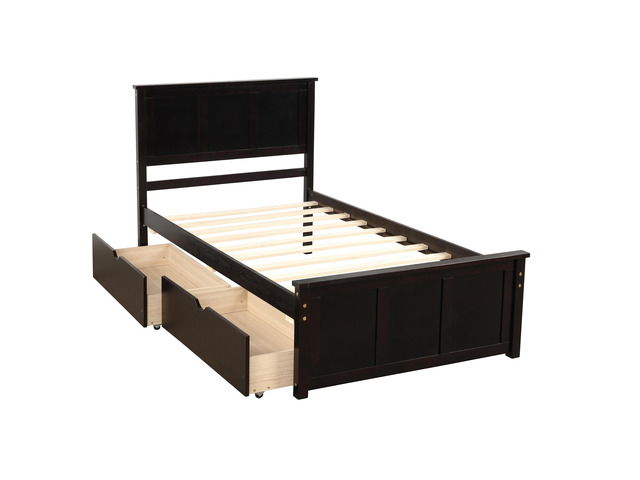 Platform Storage Bed, 2 Drawers With Wheels, Twin Size Frame, Espresso