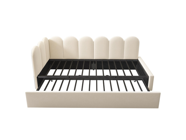 Upholstered Bed Daybed With Pull-Out Bed, Twin Size Single Sofa Bed,Guest Beds For Adults And Children, Bed With Metal Slatted Frame, Velvet, Beige...
