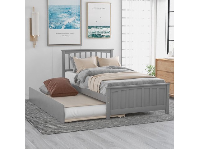 Twin Size Platform Bed With Trundle, Gray