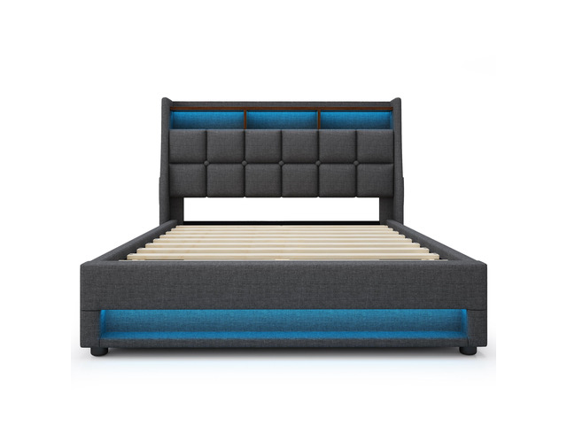 Queen Size Upholstered Platform Bed With A Hydraulic Storage System, Led And Charging Station, No Box Spring Needed, Easy Assembly, Noise-Free,...