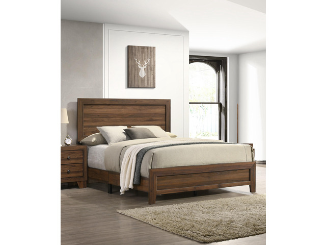 Brown Cherry Finish Fabric 1Pc Queen Size Panel Bed Beautiful Wooden Bedroom Furniture Contemporary Style