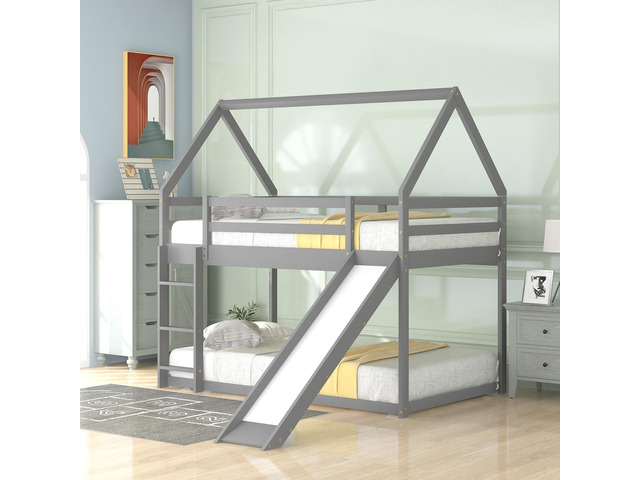 Twin Size Bunk House Bed With Slide And Ladder,Gray