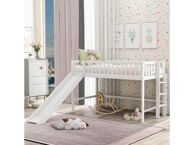 Twin Size Low Loft Bed With Ladder And Slide,White(Old Sku:Wf196418Aak)