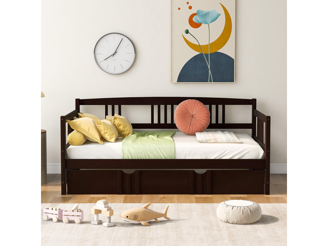 Twin Size Daybed Wood Bed With Twin Size Trundle,Espresso