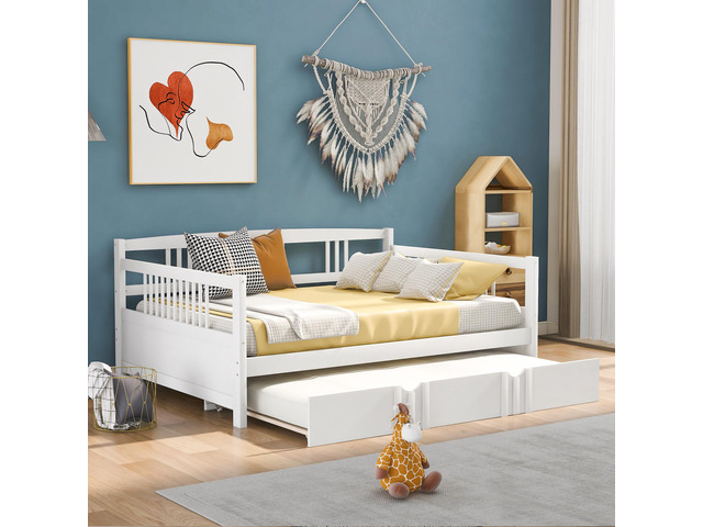 Full Size Daybed Wood Bed With Twin Size Trundle,White