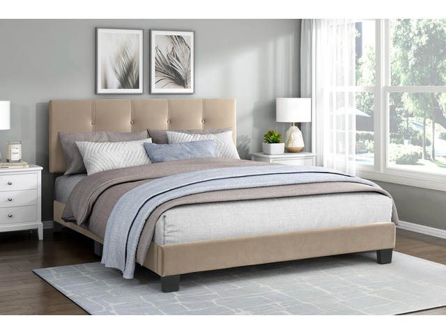 1Pc Queen Platform Bed Light Brown Velvet Upholstered Adjustable Height Headboard Button Tufted Solid Wood Bedroom Furniture