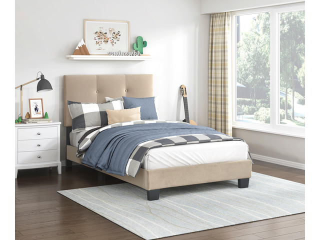 1Pc Twin Platform Bed Light Brown Velvet Upholstered Adjustable Height Headboard Button Tufted Solid Wood Bedroom Furniture