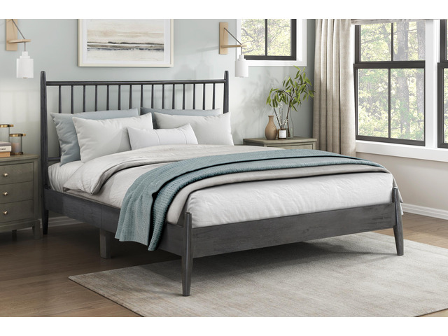 Mid-Century Modern Design Queen Platform Bed 1Pc Gray Finish Wooden Bedroom Furniture Vertical Slats Headboard, Bed In A Box
