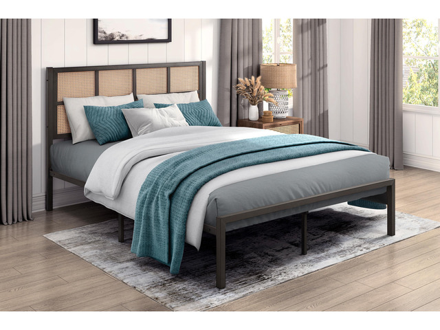 1Pc Queen Platform Bed, Metal Frame Dark Bronze Finish Faux Cane Panel Headboard Casual Coastal Bedroom Furniture, Bed In A Box