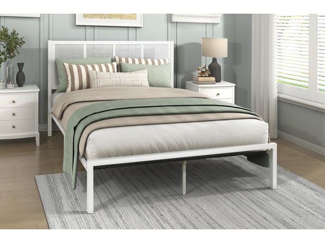 1Pc Queen Platform Bed, Metal Frame White Finish Faux Cane Panel Headboard Casual Coastal Bedroom Furniture, Bed In A Box