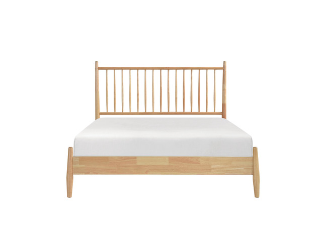 Mid-Century Modern Design Queen Platform Bed 1Pc Natural Finish Wooden Bedroom Furniture Vertical Slats Headboard, Bed In A Box