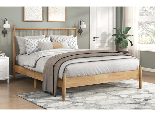 Mid-Century Modern Design Full Platform Bed 1Pc Natural Finish Wooden Bedroom Furniture Vertical Slats Headboard, Bed In A Box