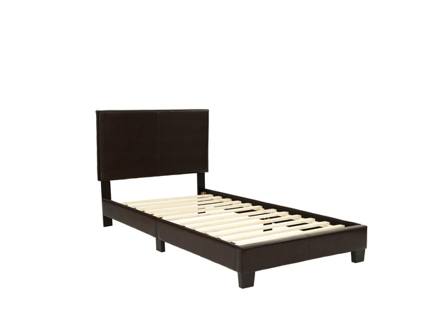 Modern Brown 1Pc Twin Size Bed Faux Leather Upholstered Bedframe Bedroom Furniture Adjustable Headboard