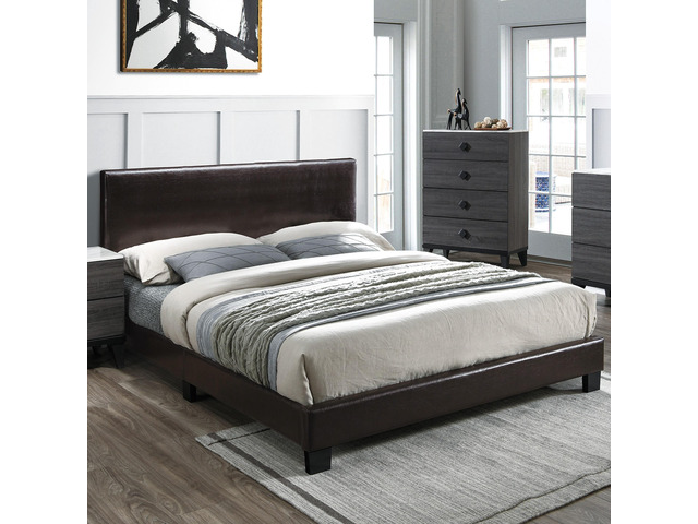 Modern Brown 1Pc Full Size Bed Faux Leather Upholstered Bedframe Bedroom Furniture Adjustable Headboard