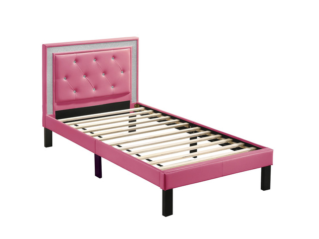 Modern Bedroom Furniture 1Pc Full Size Bed Pink Faux Leather Pu Wooden Legs Tufted Hb Slats Support