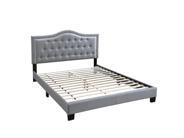 European Style 1Pc Queen Size Bed Velvet Fabric Button Tufted Headboard Gray Finish Bedroom Furniture