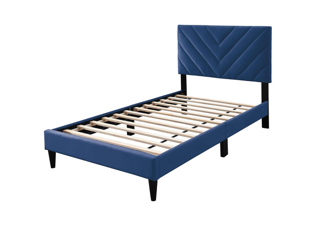 Contemporary Style Twin Size Bed Adjustable Headboard Middle Support Legs Navy Blue Finish Bedroom Furniture