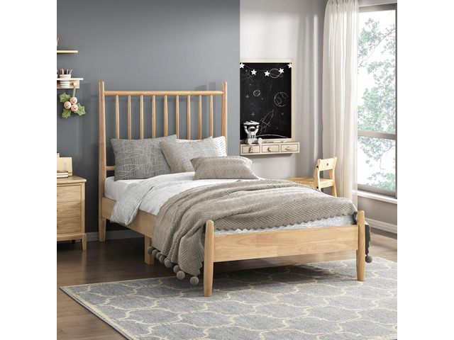 Mid-Century Modern Design Twin Platform Bed 1Pc Natural Finish Wooden Bedroom Furniture Vertical Slats Headboard, Bed In A Box
