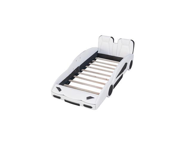 Twin Size Race Car-Shaped Platform Bed With Wheels, White